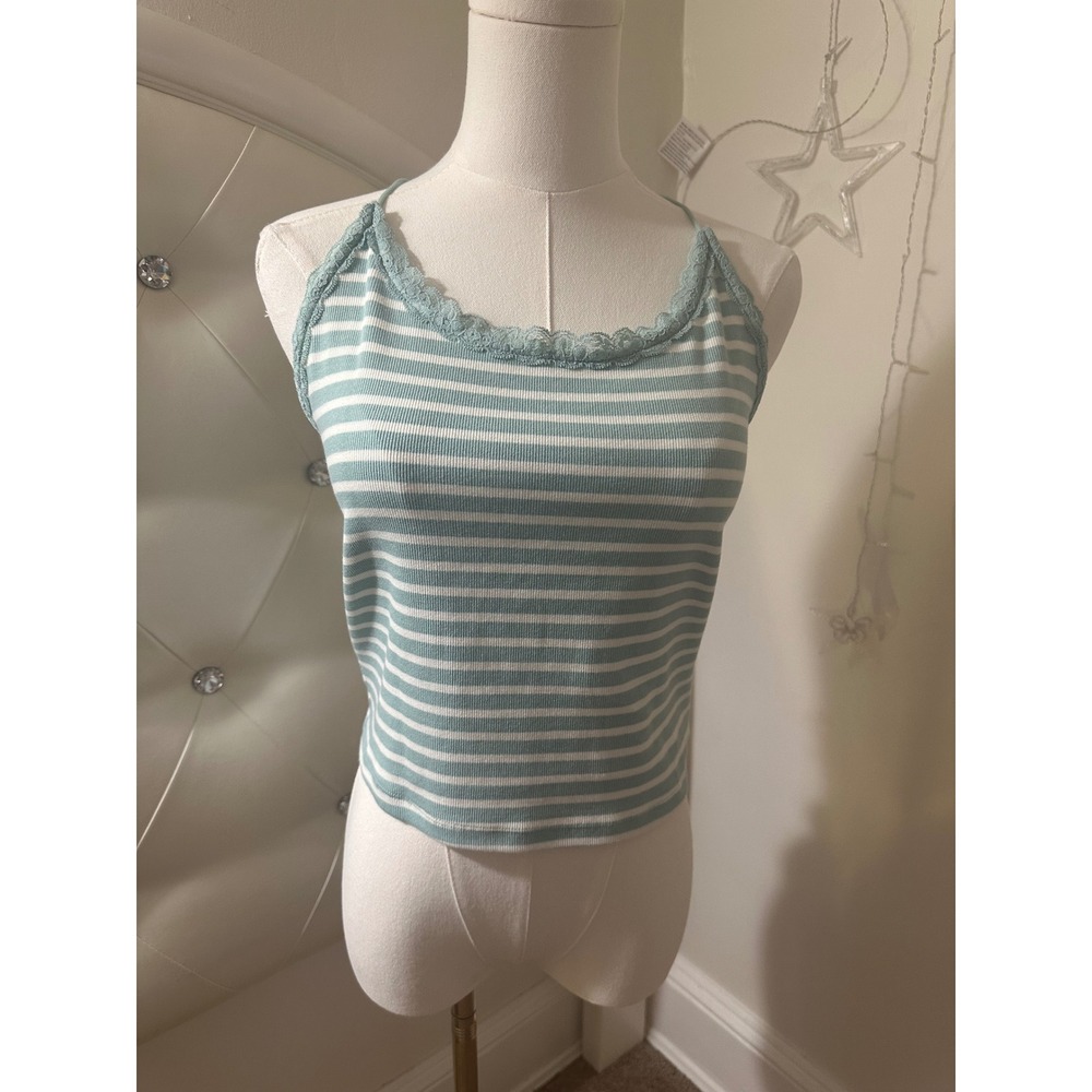 American Eagle Striped Lace Trim Cami Top Light Green White Strappy Back Large
